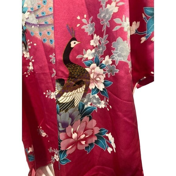 Zhi Cheng Patio Dress Caftan Peacock  Pink Floral Kimono Satin Pullover Size OS - Picture 3 of 5
